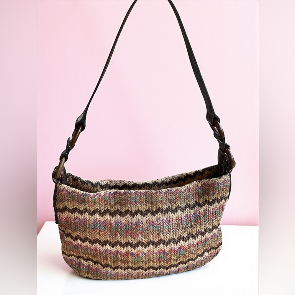 Fossil Key-Per Zig Zag Woven Straw Shoulder Bag Multicolor Zip Purse